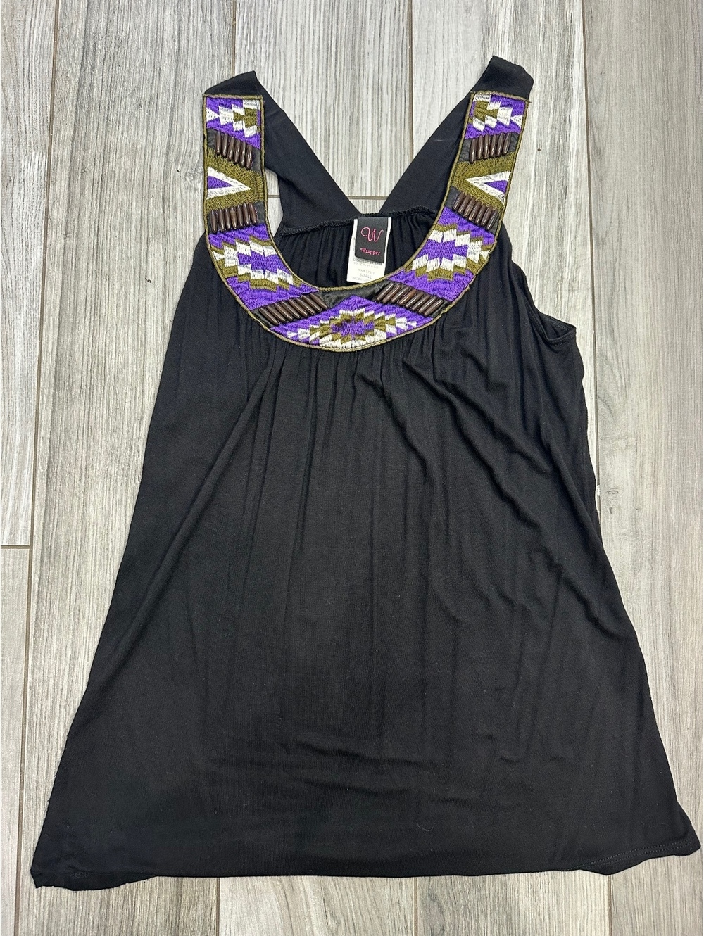 Wrapper Black Tank Top with Purple and Olive Beaded Embellishment, Size Small